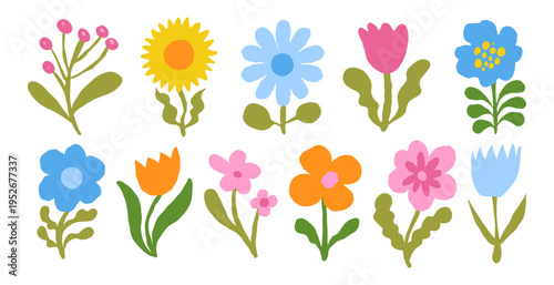 Vector hand drawn sketchy doodle illustration, flowers for prints and cards, simple minimal design elements, blossom and spring