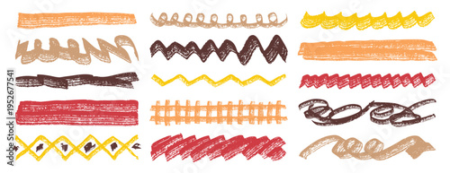 Textured horizontal lines, fragments of ornament underlines, textured grunge set, wavy and zigzag and straight accents.