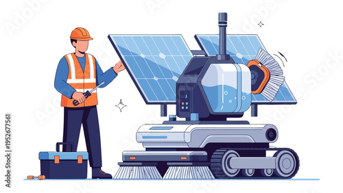 Solar Panel Technician & Cleaning Robot: A technician works with a solar panel cleaner, a high-tech tool, ensuring sustainable energy