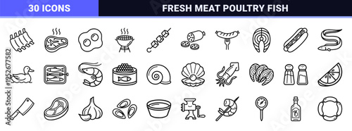 Monoline Butchery and Seafood symbols for Culinary Menu Design and Grocery Interface featuring Clean Minimalist Outlines