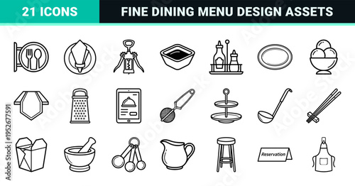 Hospitality and Fine Dining Monoline Graphic Symbols featuring Minimalist Restaurant Tableware and Culinary Service Visuals for Menu Design