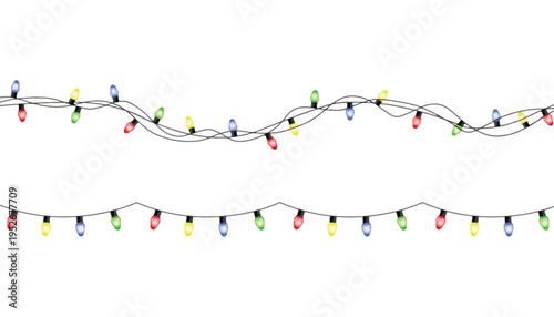 A string of colorful Christmas lights is displayed on a white background.
