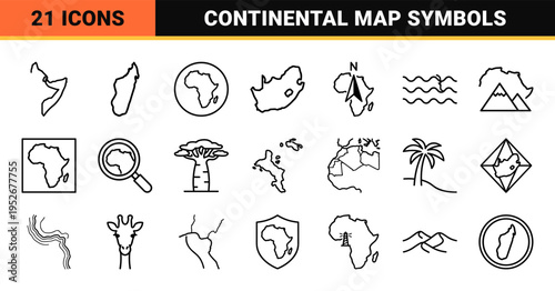 African Continental Geography and Cartography Monoline Outline Symbols for Educational Mapping and Minimalist Travel Information Design