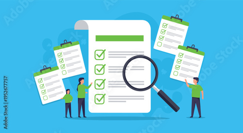 Business audit and document review concept with people examining a large checklist and several clipboards with a magnifier.