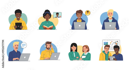 Diverse Professionals Collaborating and Communicating with Laptops, Teamwork Avatars on Isolated White Background