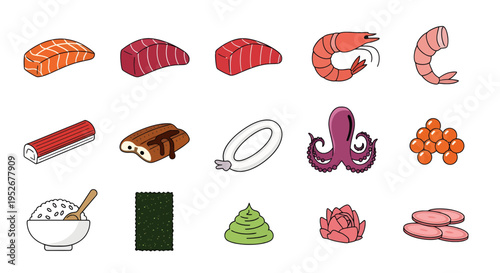Sushi Ingredients and Seafood Vector Icon Set for Japanese Cuisine Menu Design