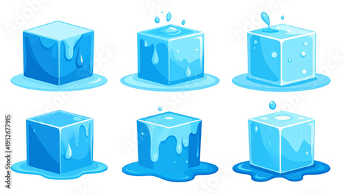 Five stages of ice cube melting into water puddle process sequence flat vector illustration isolated on white background for science education and physics