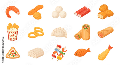 Set of Isolated Processed Seafood and Frozen Food Icons, Fish Ball, Shrimp Tempura, Crab Stick, and Fried Snacks Illustration