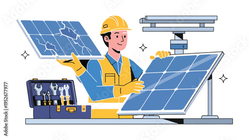 Solar Panel Technician: A skilled technician, equipped with a toolbox, carefully installs a solar panel, showcasing dedication to renewable energy and sustainable practices.