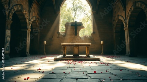 Sunbeams filter through a broken arched window to illuminate an ornate altar and wooden cross in a ruined stone chapel, while red rose petals scatter across the aged flagstone floor, creating a revere