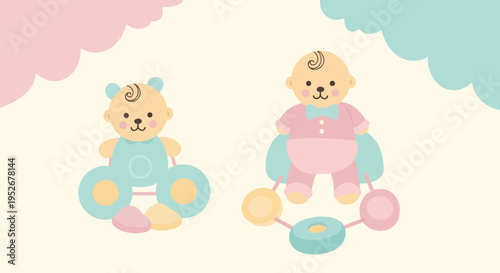 Cute cartoon baby teddy bears playing with rattles on a soft cloud background
