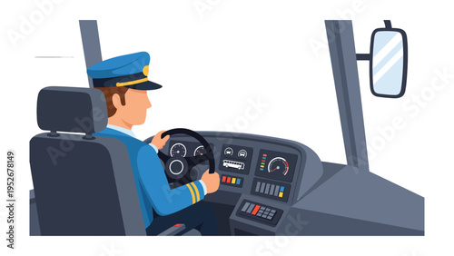 Bus Driver at Work: A bus driver, in uniform, navigates the vehicle, focused on the road ahead. Depicting a scene of diligent service and safe transport