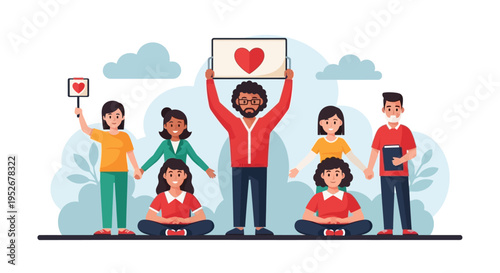 Diverse Group of Caring People Holding a Red Heart Sign, Advocating for Love and Unity
