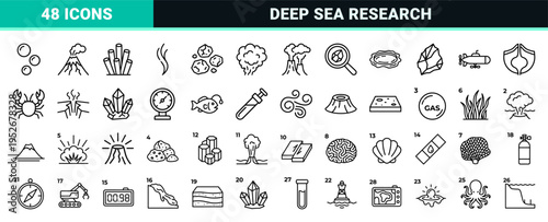 Marine Geology and Deep Sea Volcanism Line Art Symbols featuring Hydrothermal Vents, Coral Structures, and Geothermal Activity for Technical Diagrams