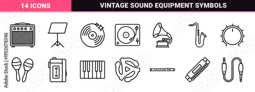 Vintage Analog Audio Equipment Monoline Symbols For Retro Music Production And High-Fidelity Sound Engineering Visual Identity Systems
