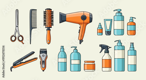 Professional Hairdressing Tools and Hair Care Products Collection on an Isolated White Background