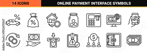 Commercial Banking and Financial Services Line Icon Set featuring Minimalist Monoline Symbols for Online Trading, Lending, and Asset Management.