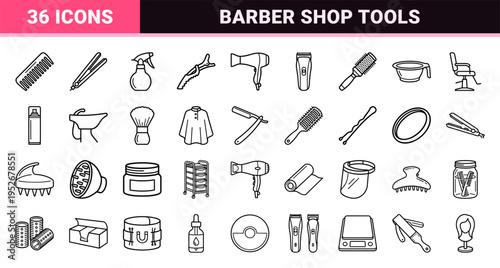 Professional Hair Salon Styling Tools and Barber Shop Equipment Monoline Icons Featuring Scissors Blow Dryers and Grooming Accessories