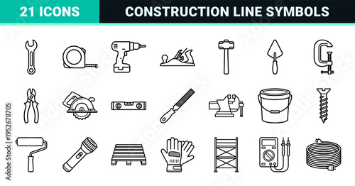 Construction and Manual Labor Tool Line Symbols featuring Monoline Technical Aesthetic for Industrial Hardware Engineering and DIY Home Improvement