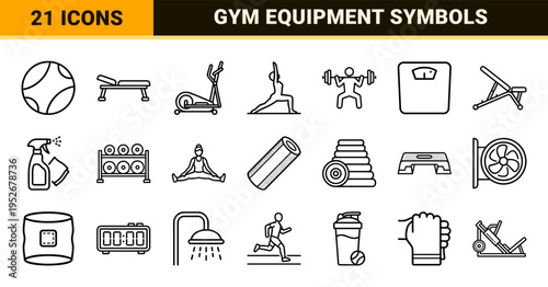 Gymnasium Equipment and Fitness Wellness Symbols in Technical Monoline Style for Commercial Interface Design and Health Branding.