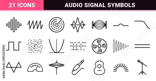 Abstract Audio Waveform Monoline Symbols for Digital Sound Processing and Music Production Visuals in Technical Minimalist Aesthetic