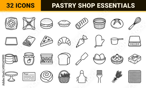 Artisanal Bakery and Pastry Shop Monoline Symbols Featuring Savory Breads, Sweet Danishes, and Confectionery Essentials in Minimalist Outline Style