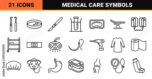 Professional Medical Surgery Monoline Outlines for Healthcare UI and Technical Clinical Documentation Featuring Minimalist Surgical Hardware Design.