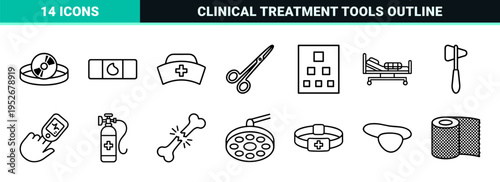 Medical and Healthcare Services Technical Monoline Outline Symbols for Clinical User Interfaces and Hospital Digital Wayfinding Systems.