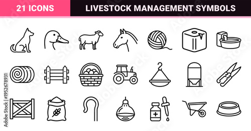 Commercial Livestock Agriculture and Farm Animal Husbandry Monoline Symbols Featuring Minimalist Bovine Porcine and Poultry Visual Elements