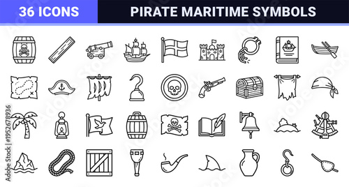Nautical Piracy Monoline Symbols for Digital Gaming and Historical Narrative Design featuring Bold Outlines and Maritime Technical Precision.