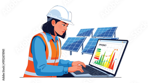 Solar Energy Innovator: A female engineer, focused on a laptop, standing before solar panels. She analyzes data, embodies innovation and sustainability.