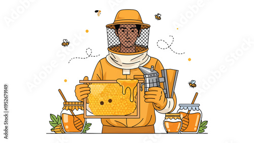Beekeeper in Action: A skilled beekeeper, fully protected in his gear, carefully examines a honeycomb frame, illustrating the art and science of beekeeping.