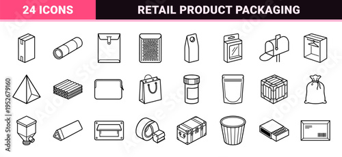 Logistics and Retail Packaging Technical Monoline Outline Symbols for Commercial Shipping, Product Distribution, and Ecommerce Fulfillment