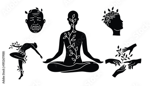 Silhouettes of people and hands interacting with plants and nature.