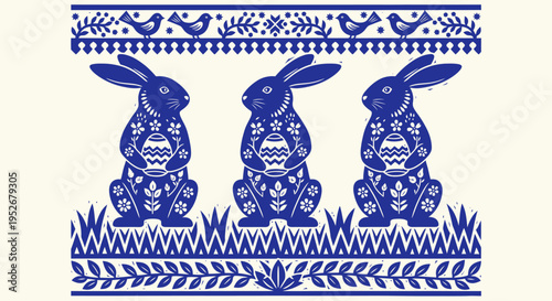 Three blue and white rabbits sitting in grass with floral patterns on easter day