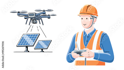 Solar Panel Inspection: A drone hovers over solar panels, monitored by a technician, illustrating the innovative use of technology in renewable energy.