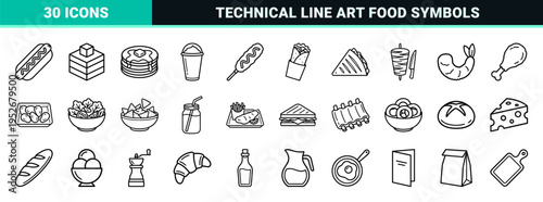 Minimalist Monoline Food and Beverage Symbols Featuring Fast Food Favorites and Bistro Essentials in a Clean Technical Outline Aesthetic
