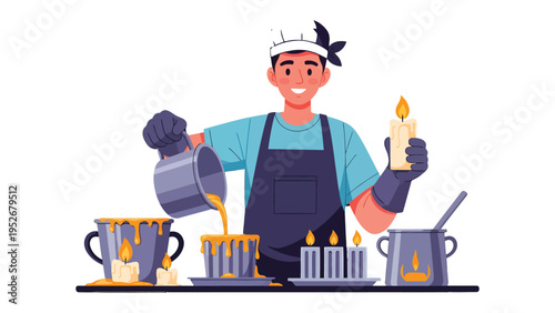 Candle Maker at Work: A skilled artisan expertly crafts candles, pouring molten wax with precision and passion, showcasing the art of candle-making and the warm glow of candlelight.