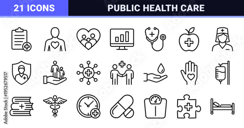 Social Medicine Monoline Outline Symbols Featuring Community Healthcare, Public Welfare Analytics, and Professional Medical Support Graphics
