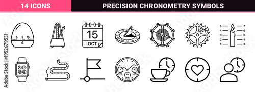 Technical Chronometry Monoline Symbols for Precision Time Management, Scheduling, and Temporal Measurement with Refined Minimalist Aesthetic