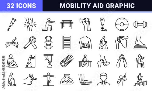 Physical Therapy and Mobility Aid Symbols Featuring Technical Monoline Aesthetic for Rehabilitation Medicine and Healthcare Interface Design