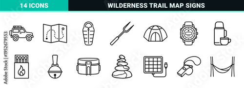 Minimalist Outdoor Adventure Monoline Symbols for Camping and Wilderness Wayfinding Navigation Interface Elements