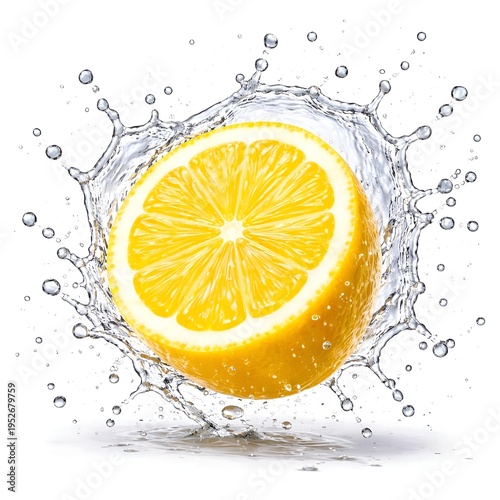 A vibrant lemon slice splashing into clear water with droplets flying everywhere