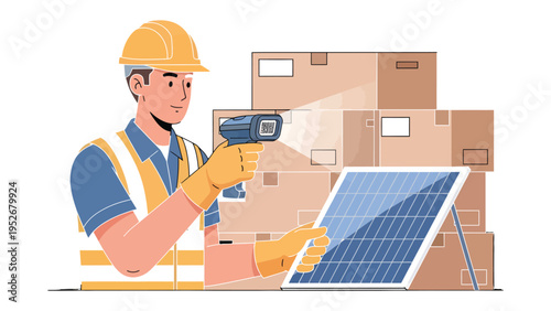 Solar Panel Inspection: A construction worker in a safety vest meticulously scans a solar panel, boxes and tools arranged around them.