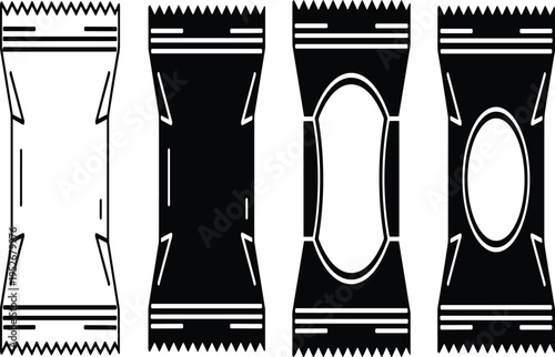 Candy wrapper packaging template set in outline and silhouette style, sweet snack wrap vector illustration isolated for confectionery branding, food package design and label mockup