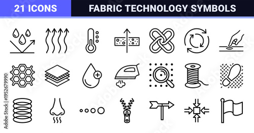 Technical Textile Performance Symbols and Fabric Technology Monoline Icons for Waterproof Breathable and Durable Garment Manufacturing