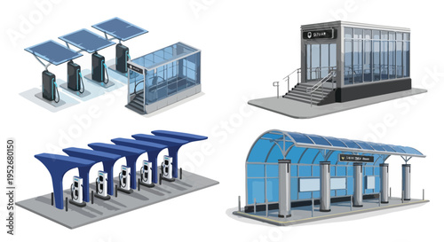 Modern electric vehicle charging stations and subway entrance, clean energy, sustainable transportation, urban infrastructure