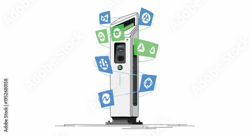 Modern electric vehicle charging station with renewable energy and smart technology icons, clean energy concept