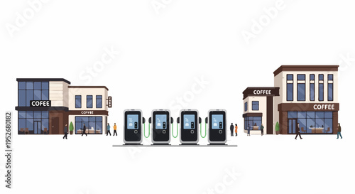 Electric car charging stations in front of coffee shops, modern urban street scene with sustainable energy concept