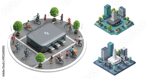 Isometric illustration of a futuristic smart city hub with people, bicycles, and modern buildings, symbolizing urban technology and connectivity.